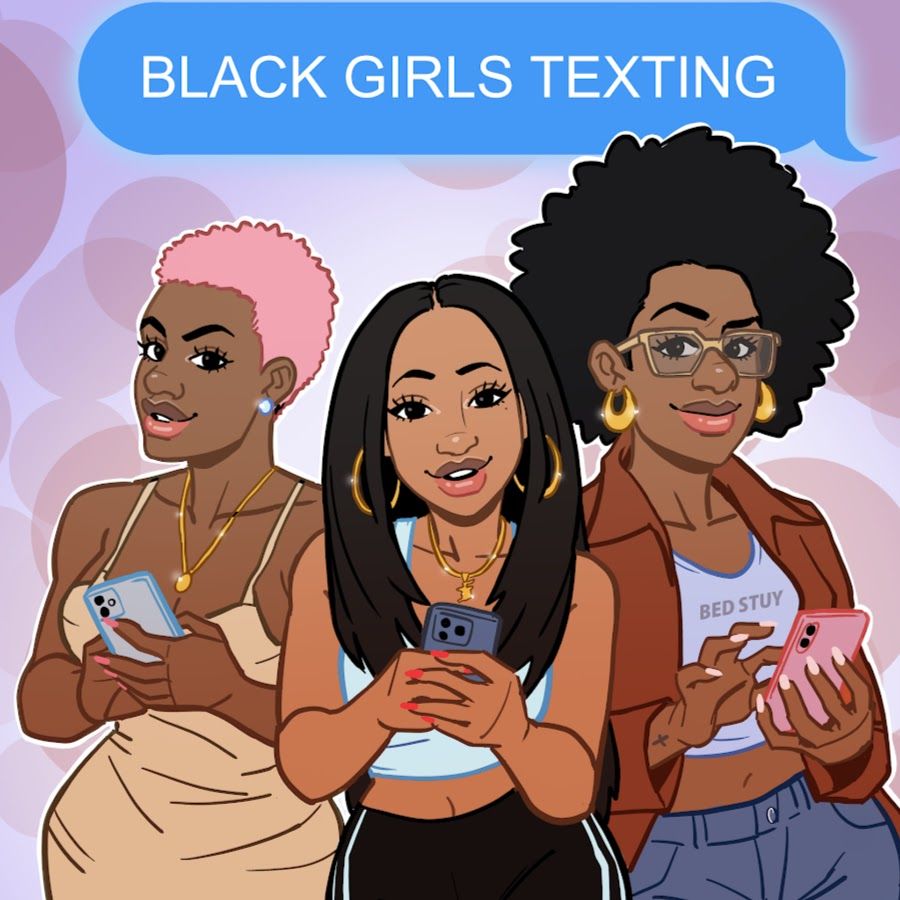 Three cartoon women texting