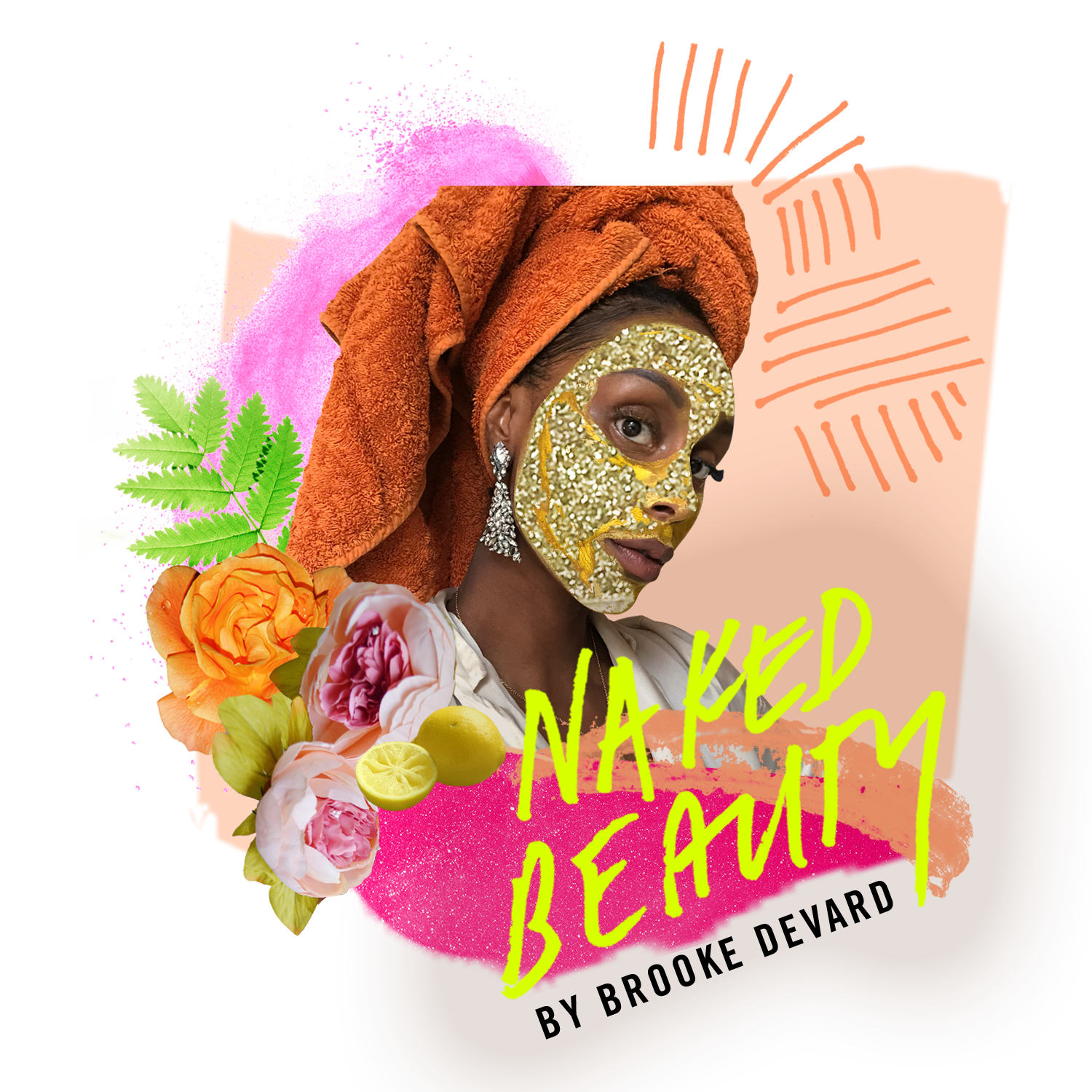 Woman with a face mask and hair in a towel, surrounded by flowers, a lemon and glitter