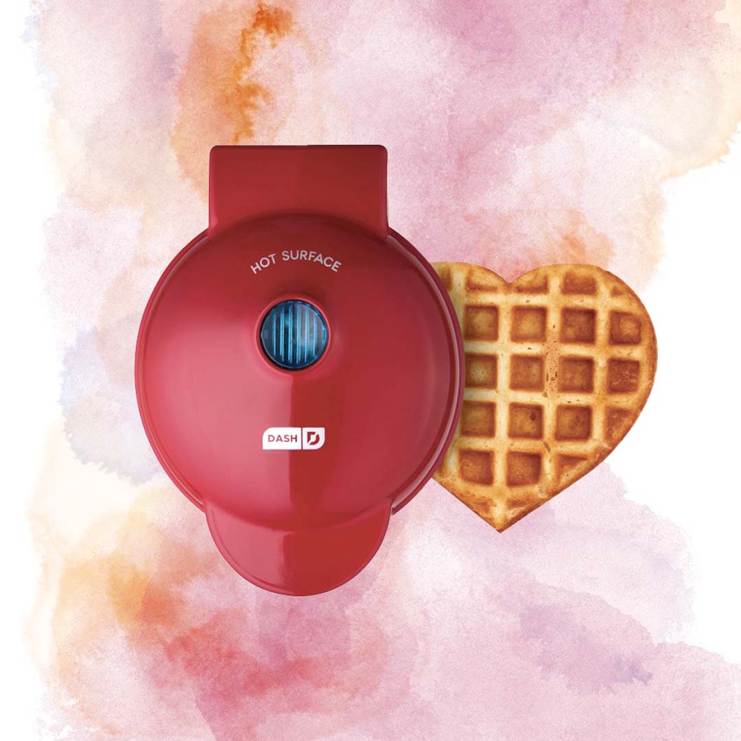 Heart-shaped waffle and a red mini waffle maker