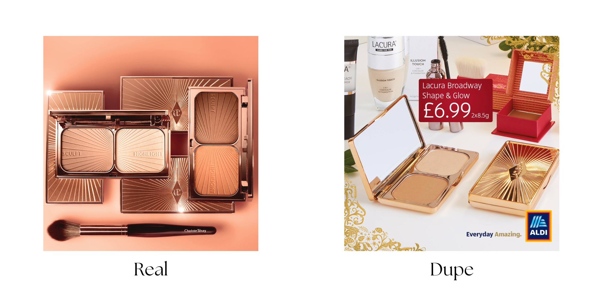 Charlotte Tilbury Fimstar Bronze and Glow dupe: Lacura Broadway Shape and Glow palette