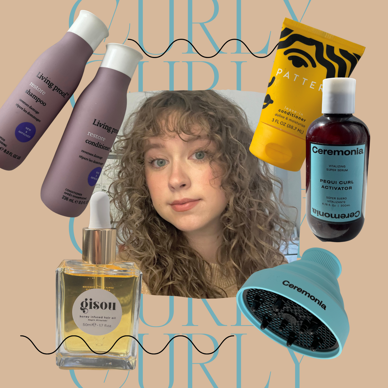 Curly haired woman surrounded by hair products on a tan background