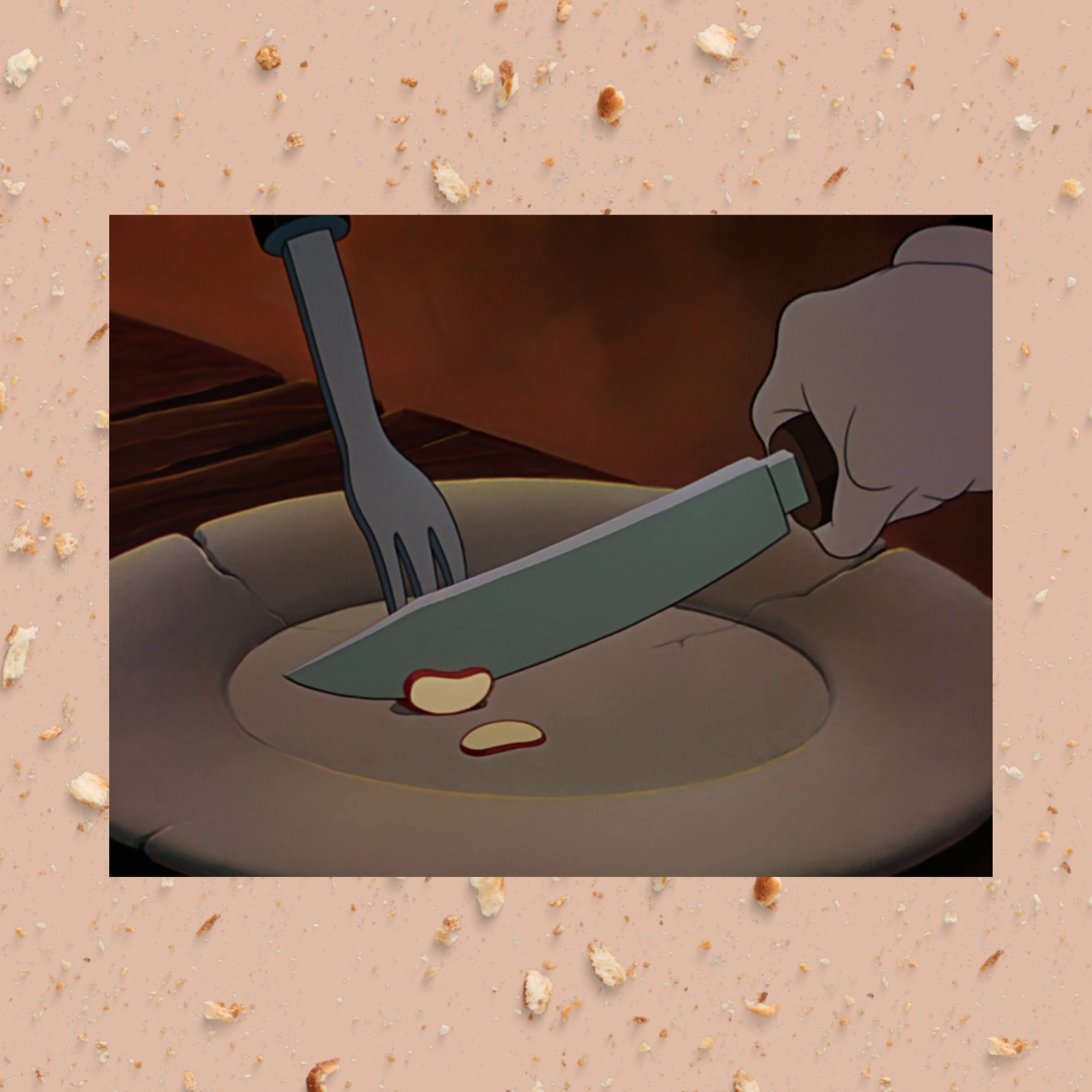 background with crumbs and a still of a fork and knife cutting through a single bean