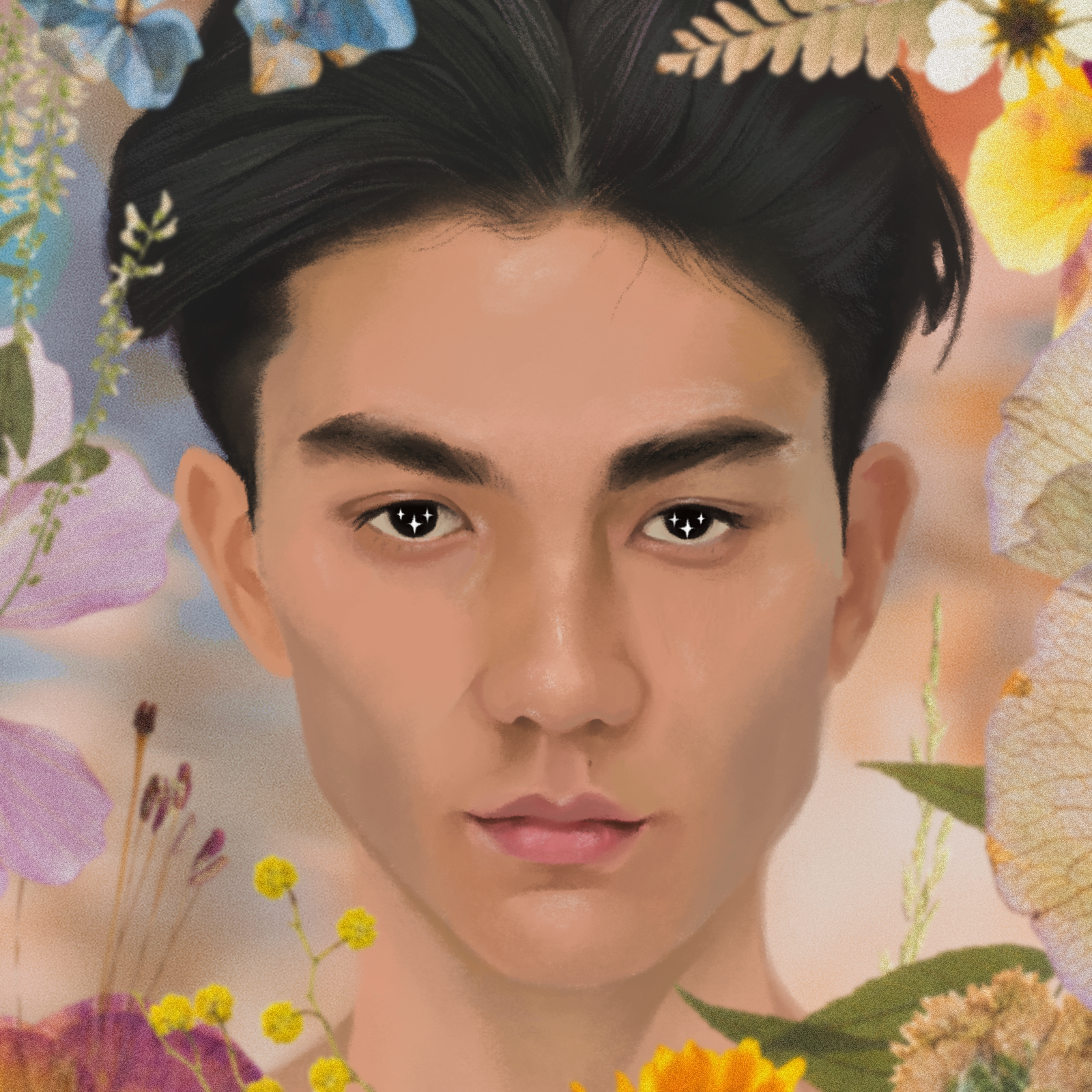 Digital painting of actor Will Gao from Heartstopper with a floral frame and sparkles in his eyes