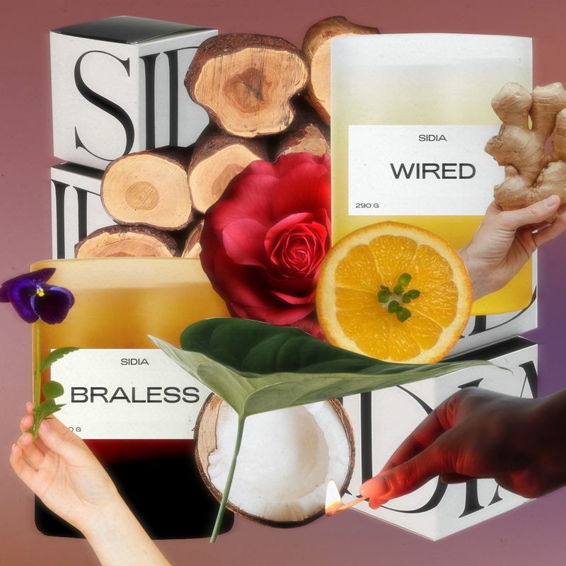 Sidia candle collage with coconuts, oranges, roses, and wood