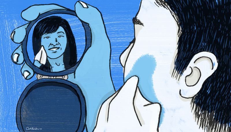 Blue illustration of man using makeup wipes, and seeing a reflection of a woman. 