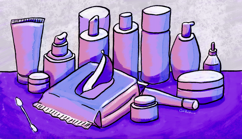 Purple illustration of different skincare bottles.