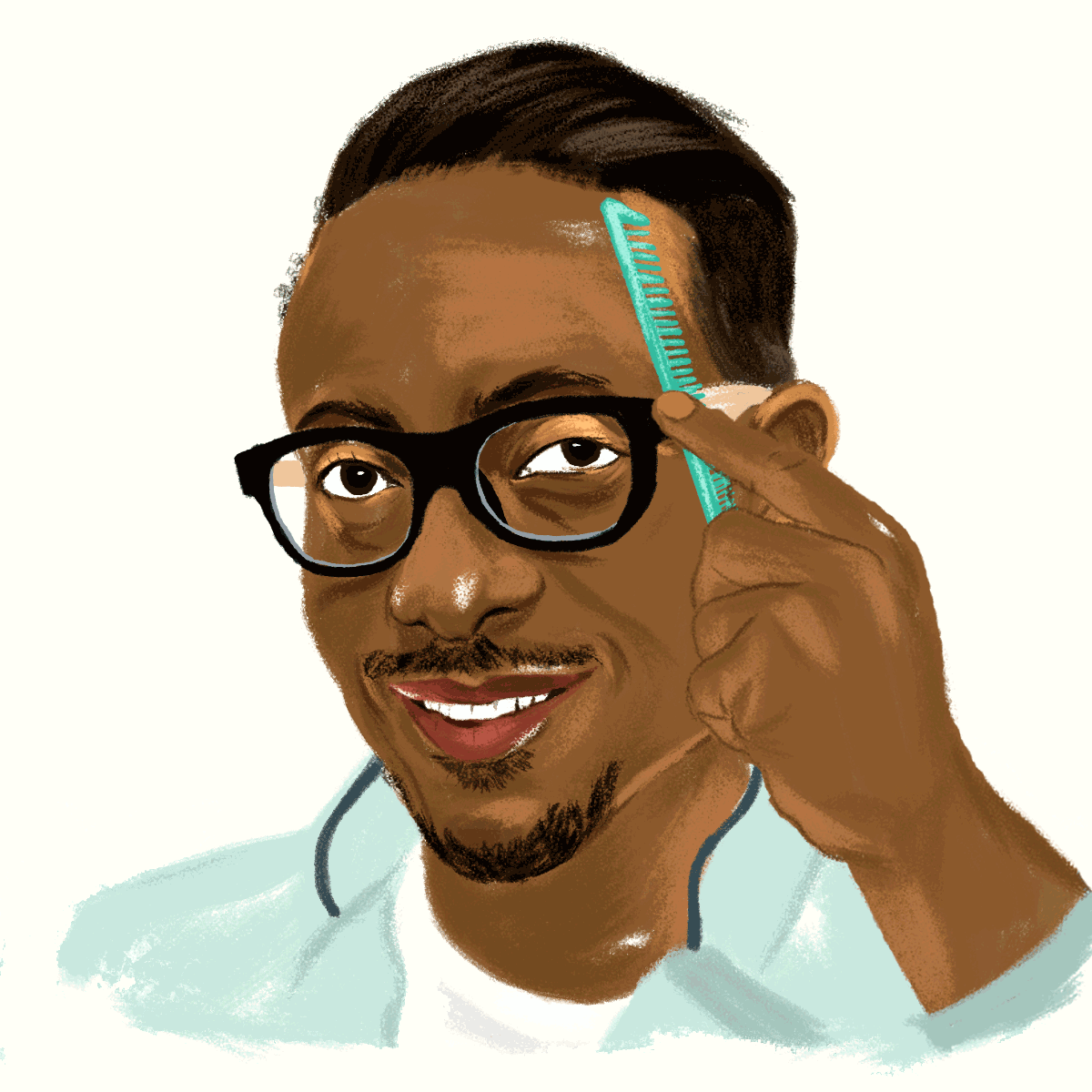 Black man with thick-frame glasses combing his hair and smiling (Illustrated GIF) 