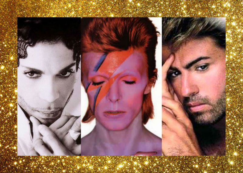 Prince, David Bowie, and George Michael (From left to right). Glitter gold background. 