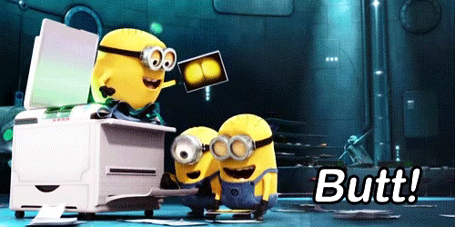 Gif of Minions from Despicable Me copy their butts and laugh. 