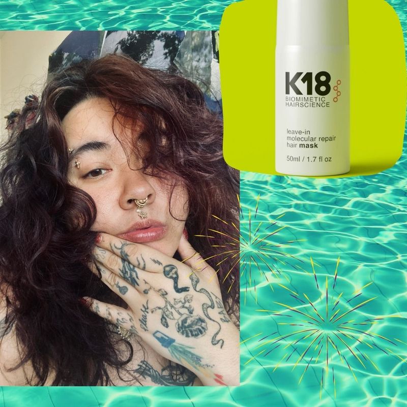 Selfie of woman with curly hair and hand tattoos. K18 hair treatment. Pool background. 