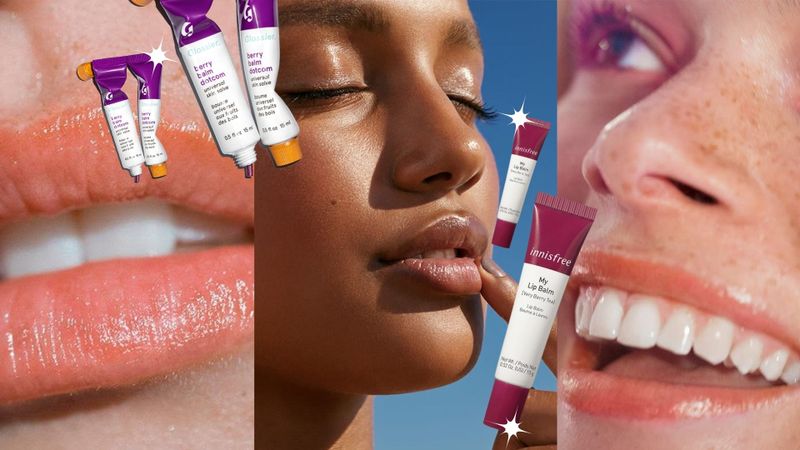 Glossier style pictures. Lips, black model, smile (left to right). Glossier and Innisfree tube of lip balm. 