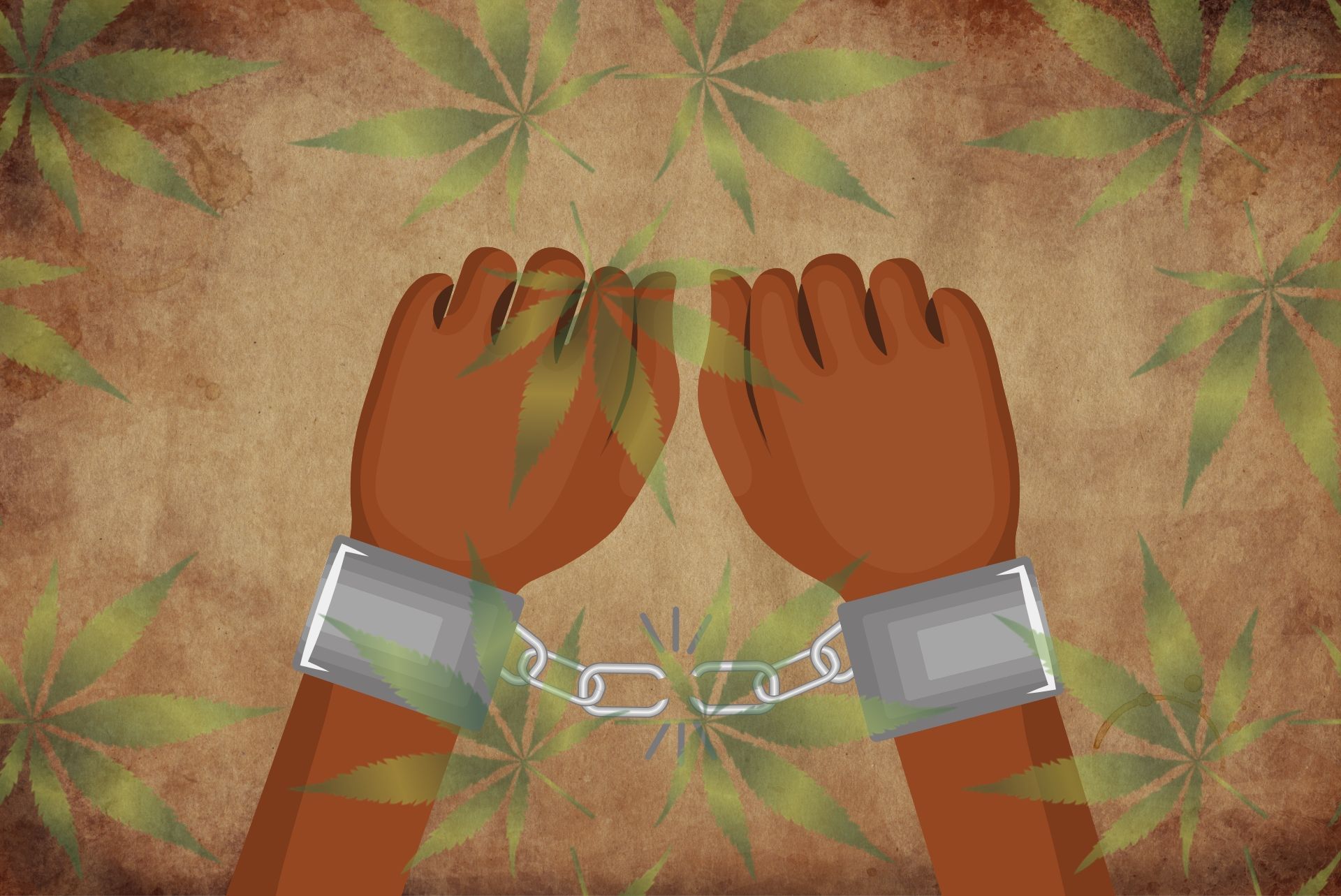 graphic of arrested hands with hemp leaf an rustic background