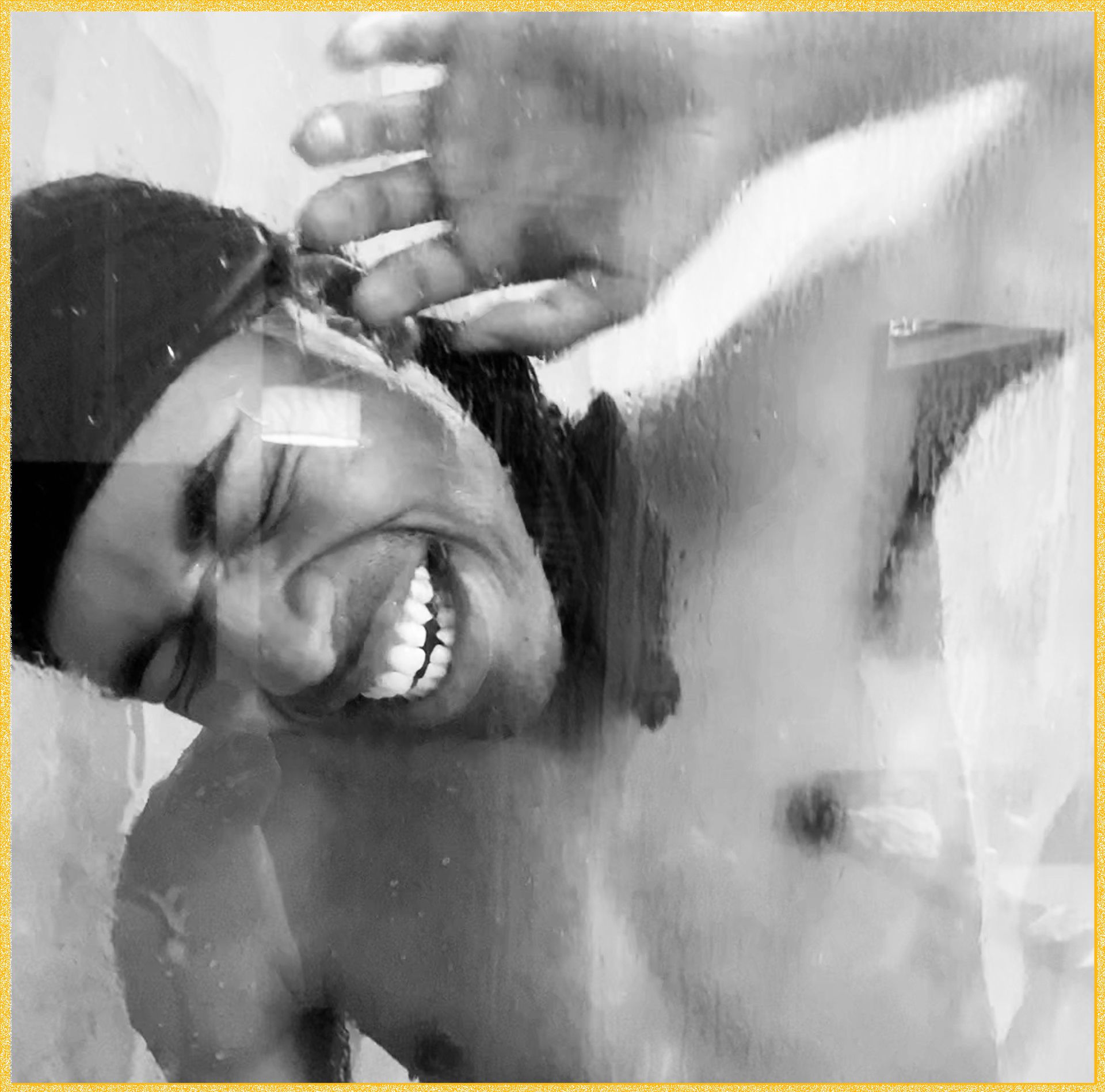 Kelvin Harrison Jr. self-portrait in shower smiling