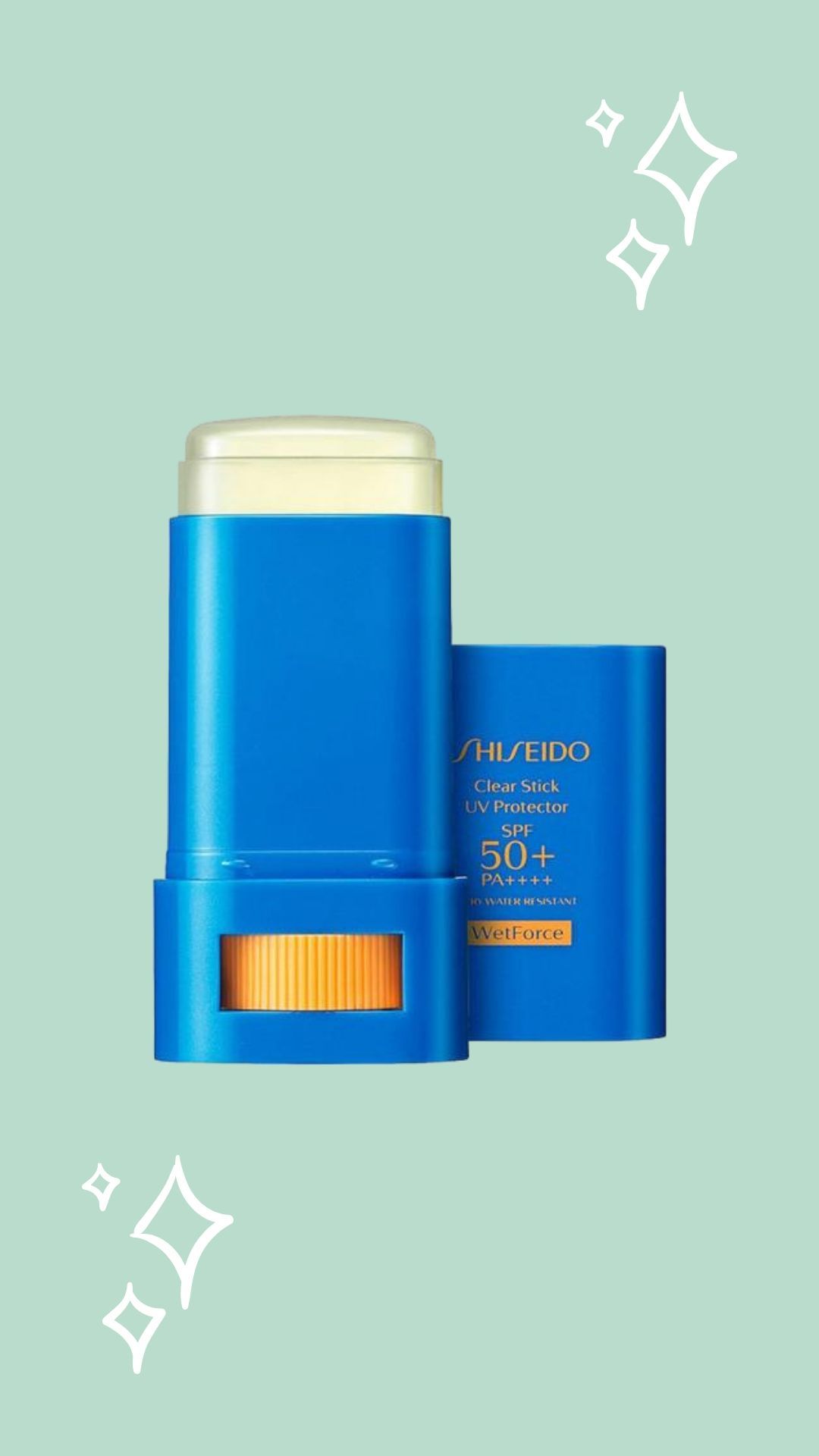 Shiseido sunscreen stick, mint background with sparkles