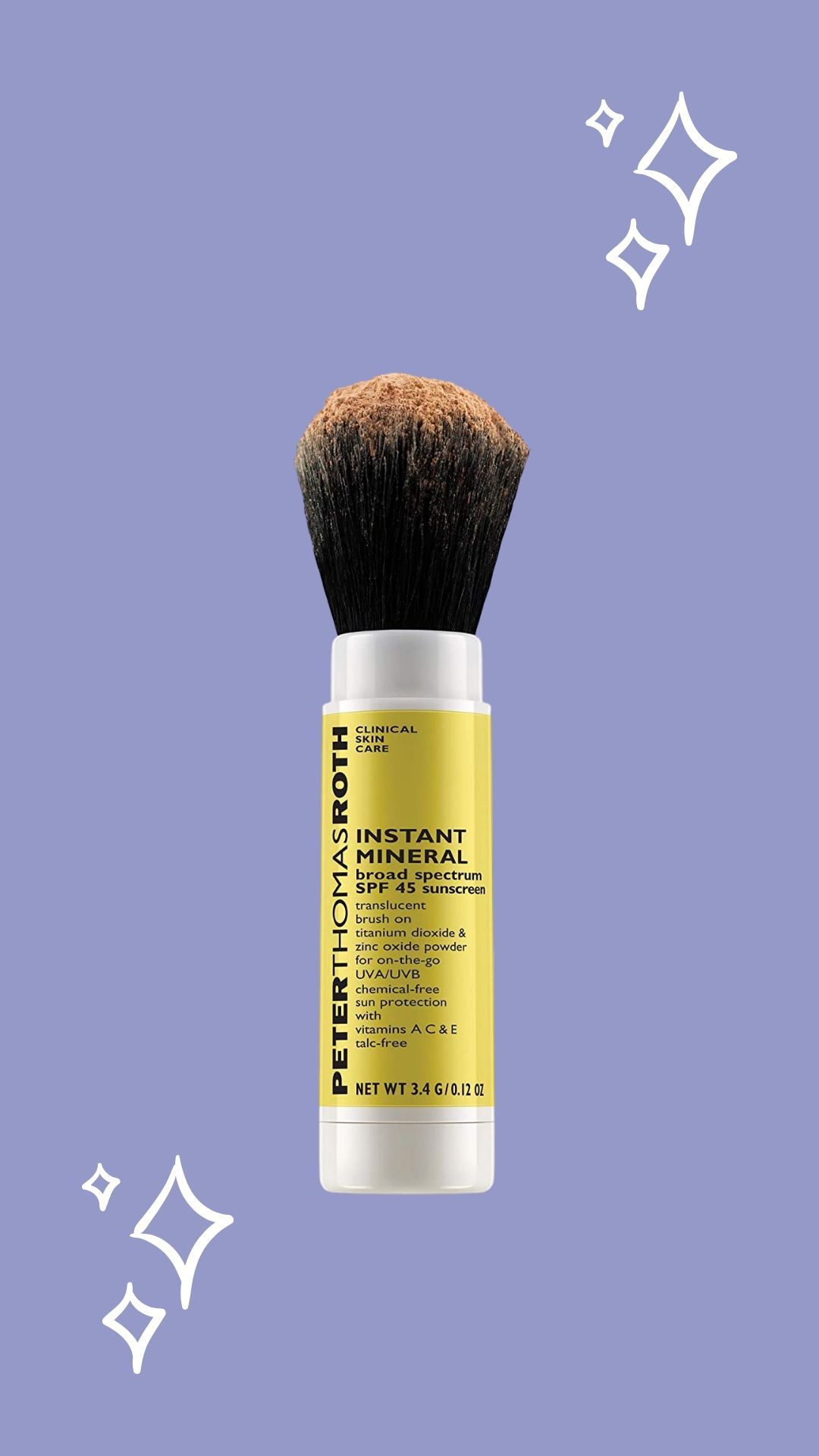 Peter Thomas Roth Mineral Sunscreen Brush, purple background with sparkles