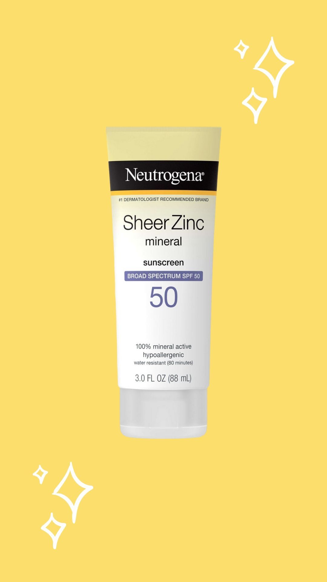 Neutrogena Sheer Zinc Mineral Sunscreen, yellow background with sparkles