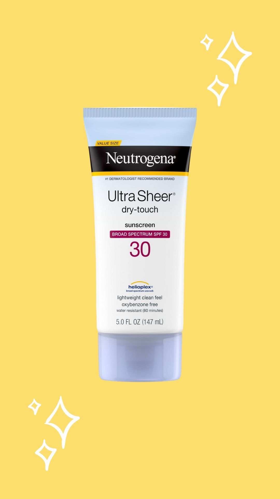 Neutrogena Ultra Sheer Dry Touch Sunscreen, yellow background with sparkles