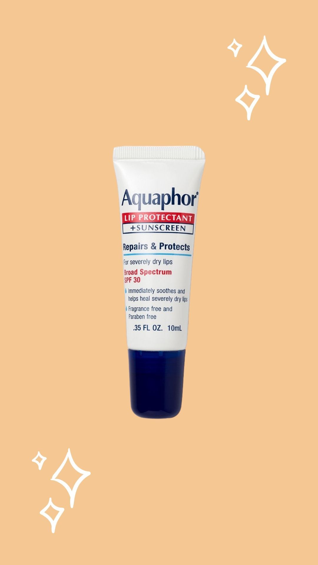 Aquaphor SPF lip balm, orange background with sparkles