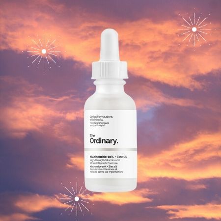 The Ordinary Niacinamide 10% + Zinc 1% against pink cloud background