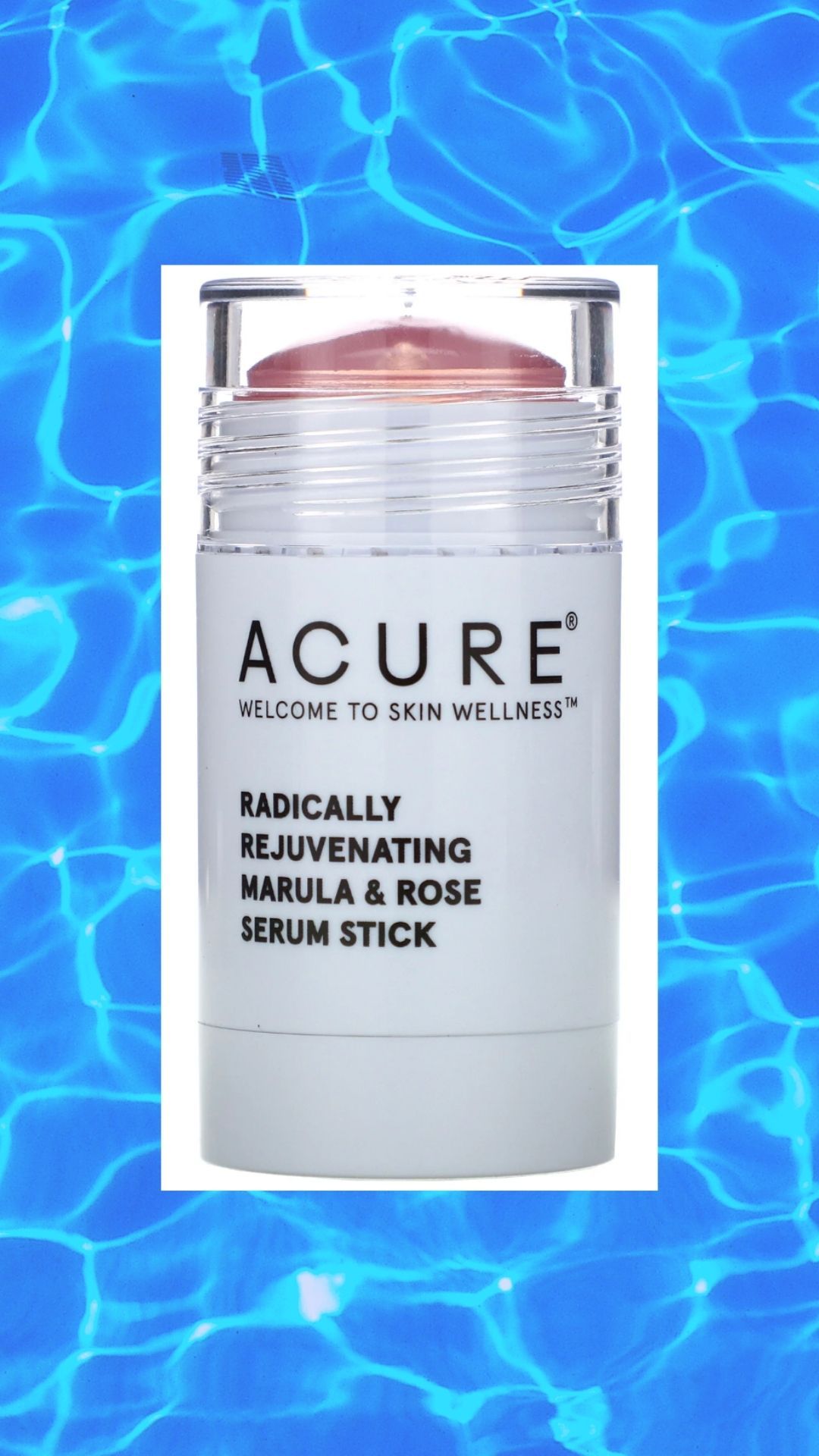 Acure Radically Rejuvenating Marula Rose Serum Stick, blue background